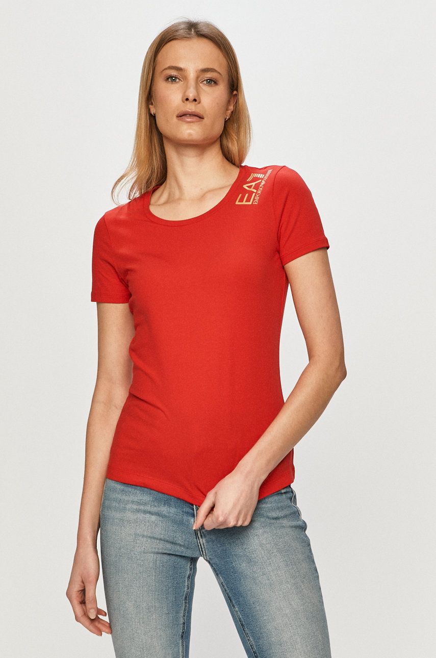 Tricou rosu EA7 Emporio Armani de firma subtire din material elastic cu croi drept