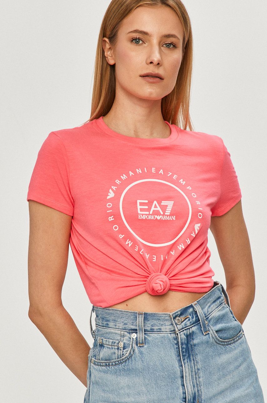 Tricou roz EA7 Emporio Armani dama subtire si usor elastic cu croi drept