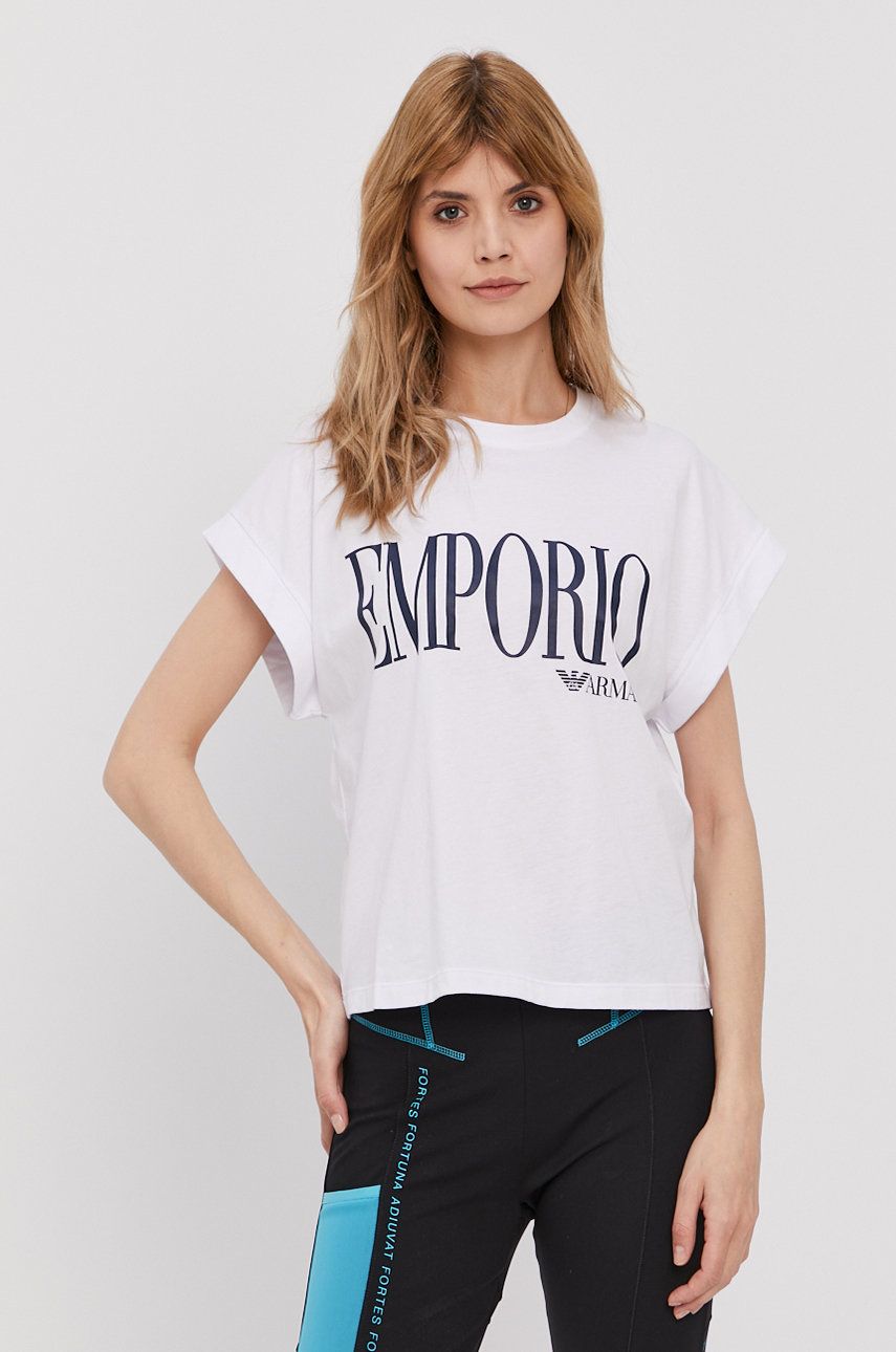 Tricou dama alb Emporio Armani din tricot cu imprimeuri cu croi drept