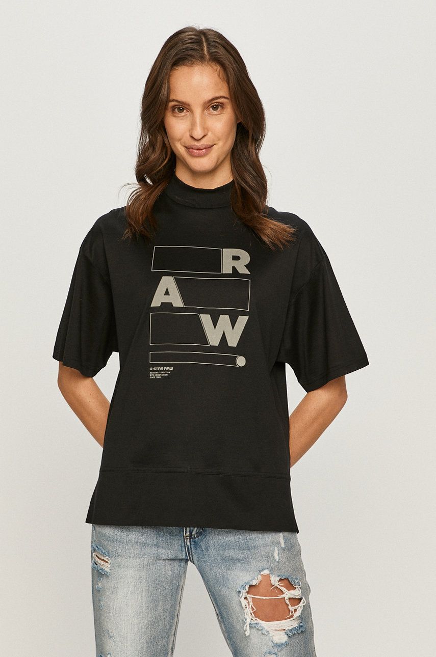 Tricou negru G-Star Raw din tricot cu imprimeuri cu croi lejer