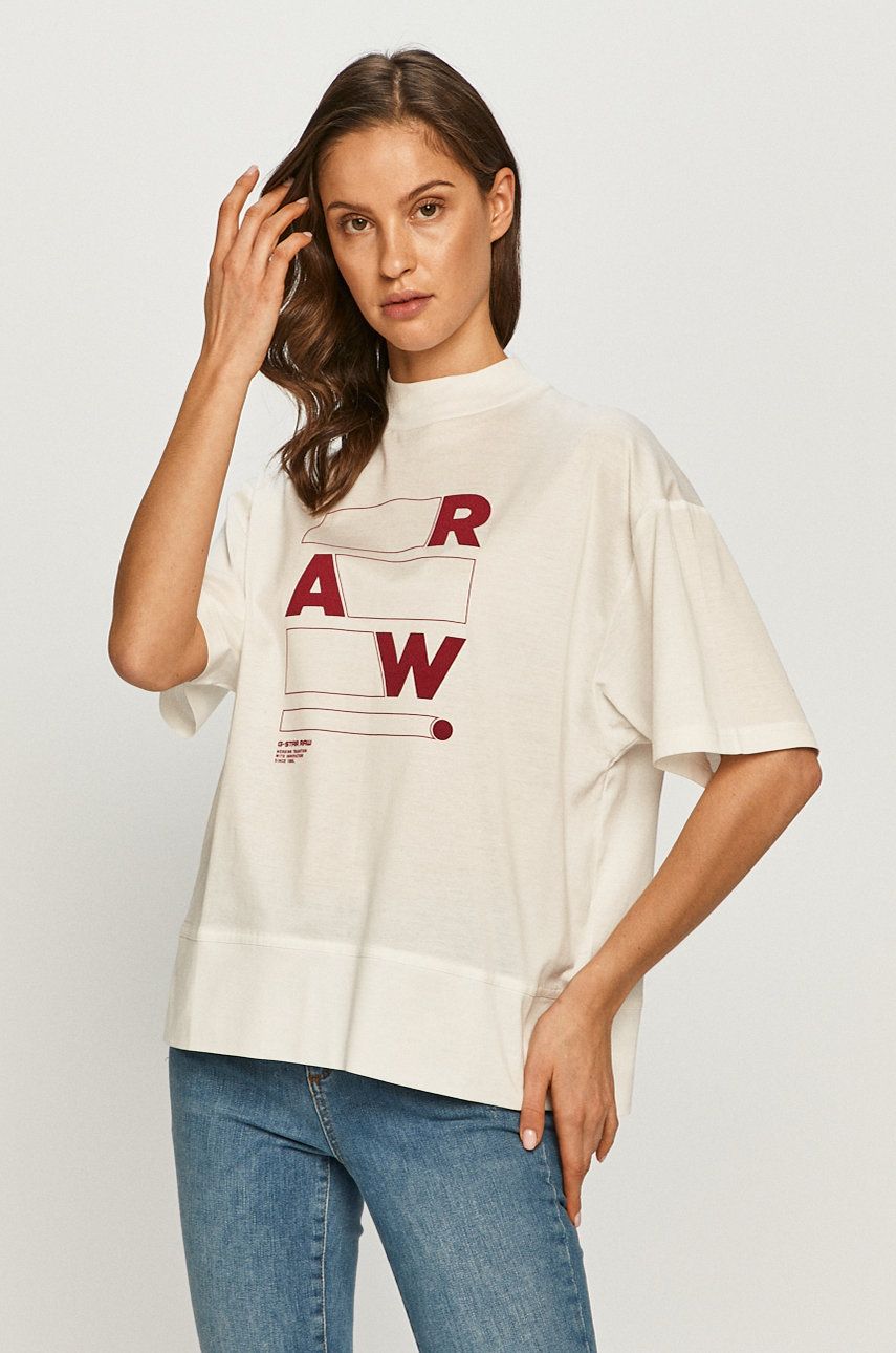 Tricou alb G-Star Raw din tricot cu imprimeuri cu croi lejer cu umerii lasati