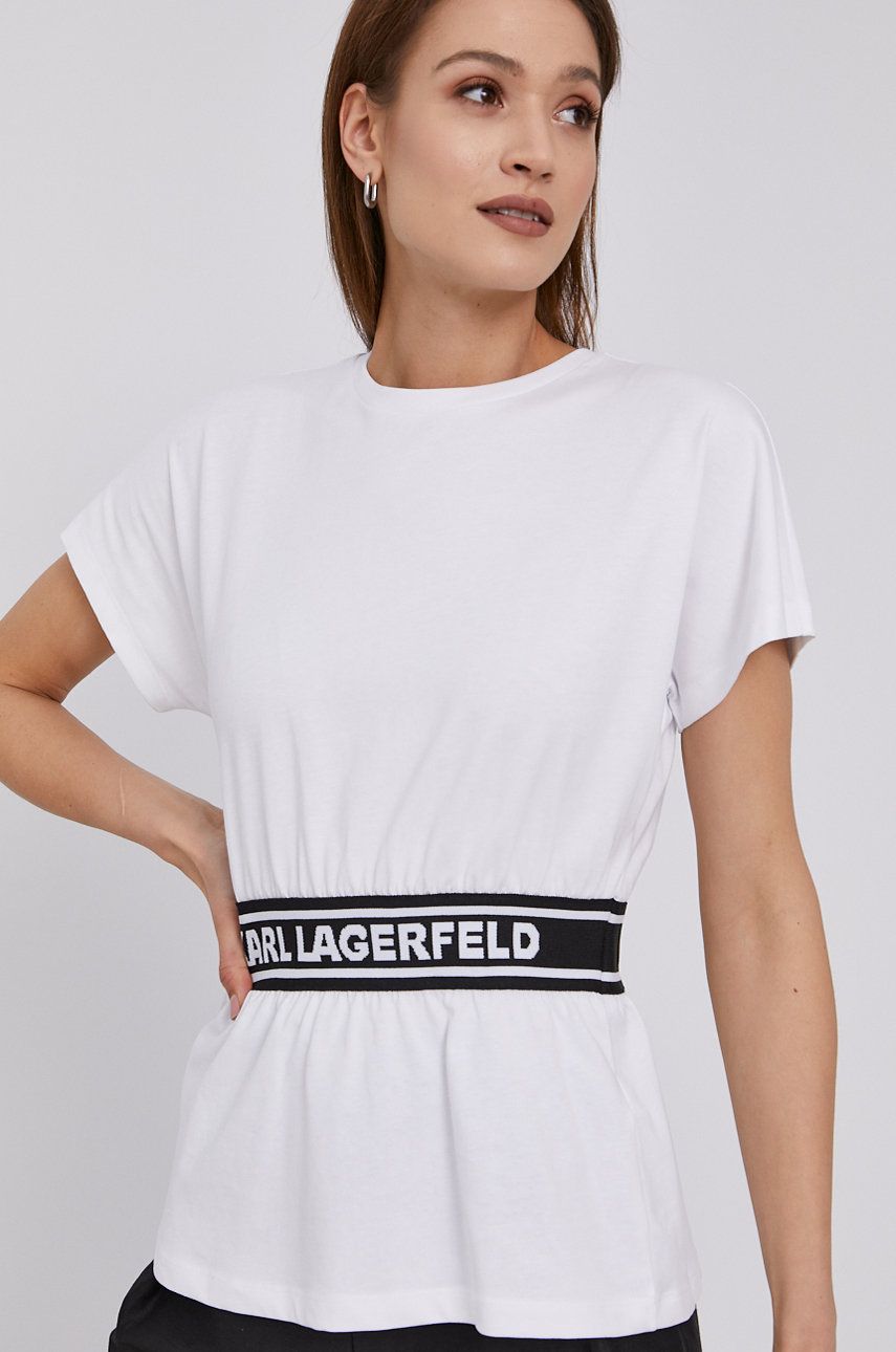 Tricou original alb Karl Lagerfeld din tricot cu imprimeuri cu croi drept