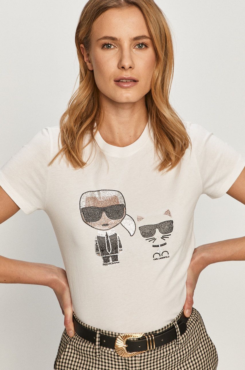 Tricou Karl Lagerfeld din tricot cu imprimeuri cu croi drept  PPY8-TSD0HS_00X