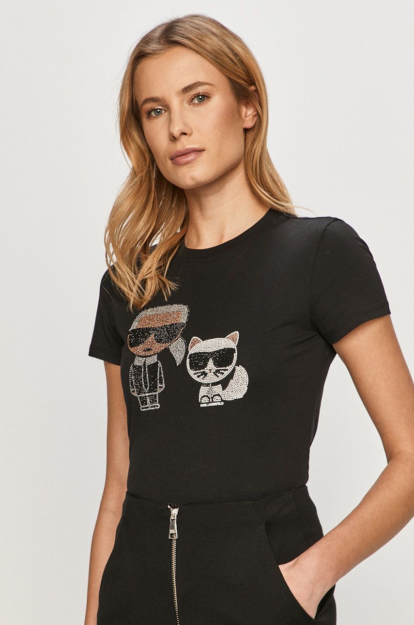 Tricou Karl Lagerfeld negru din tricot cu imprimeuri cu croi drept