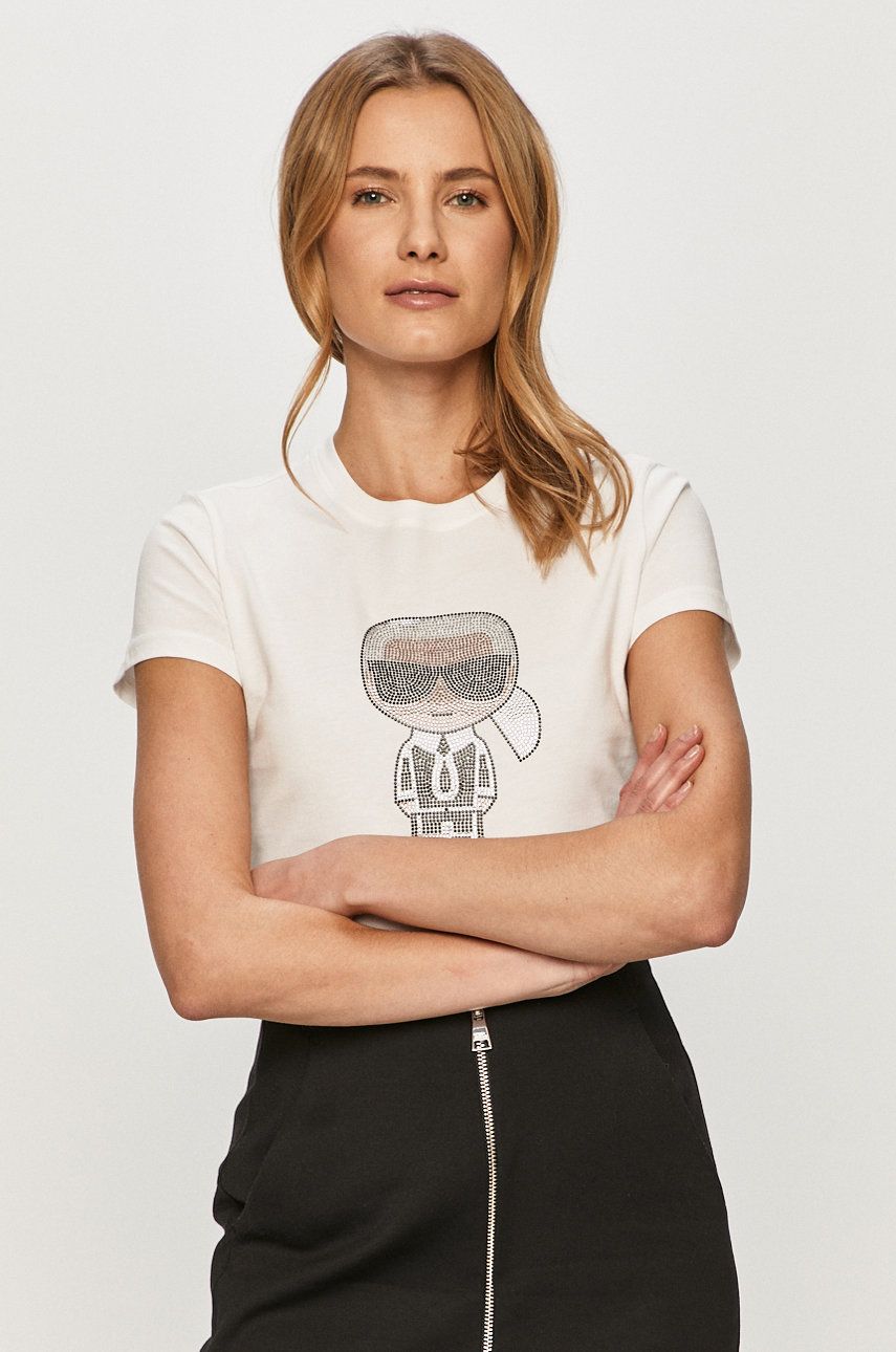 Tricou alb elegant Karl Lagerfeld din tricot cu imprimeuri cu croi drept