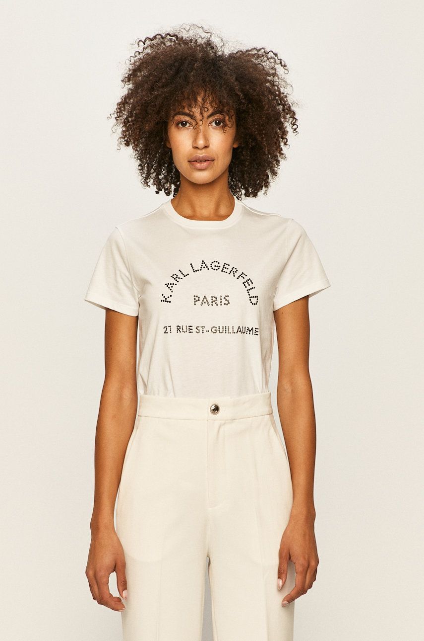 Tricou Karl Lagerfeld din tricot cu imprimeuri cu croi drept  PPYK-TSD0PP_00X