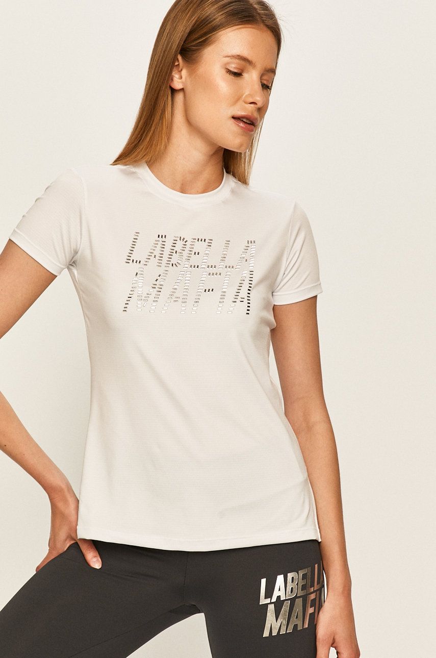 Tricou alb LaBellaMafia din tricot cu imprimeuri cu croi drept