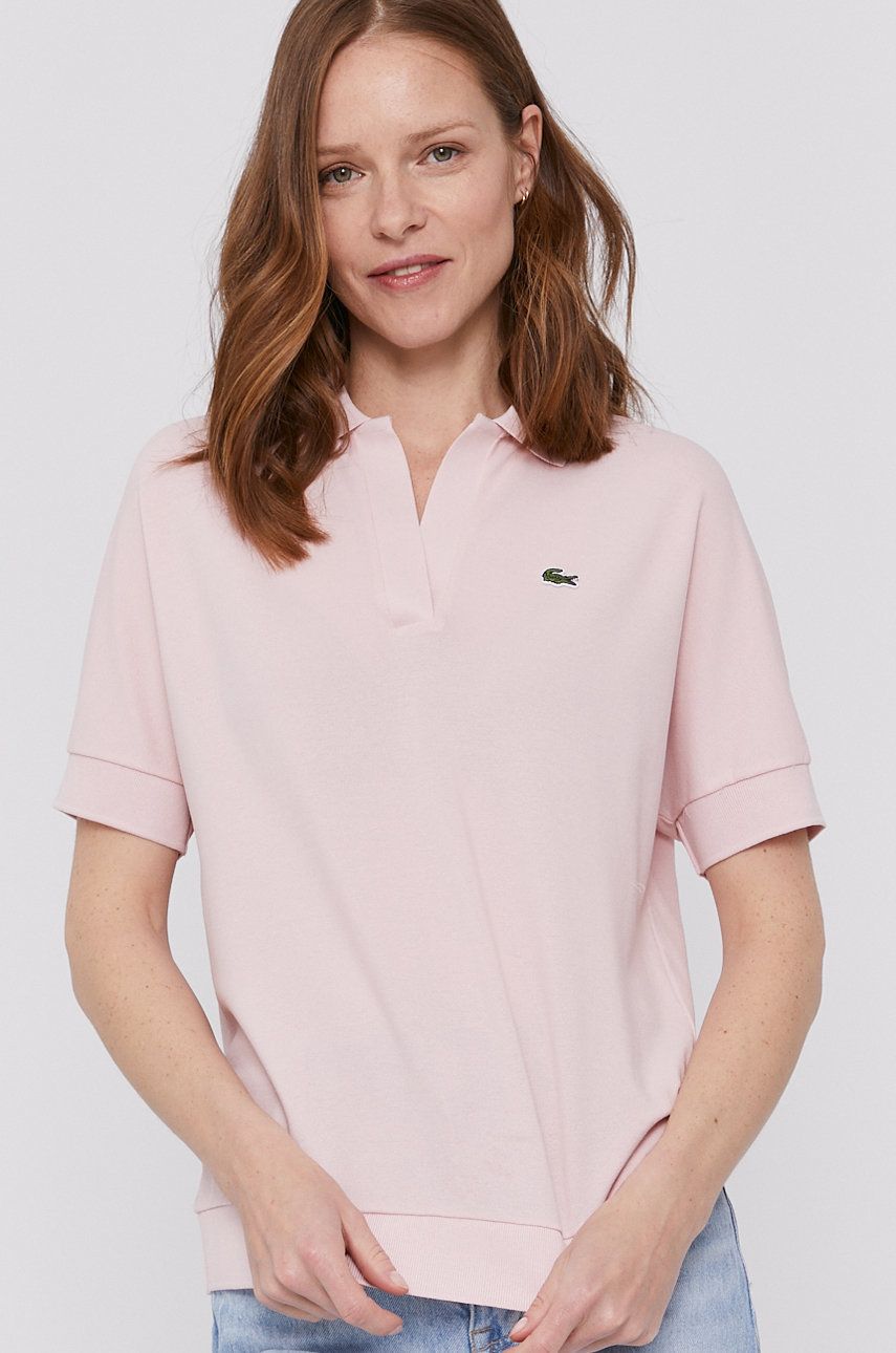 Tricou de firma Lacoste subtire si usor elastic cu croi drept roz deschis