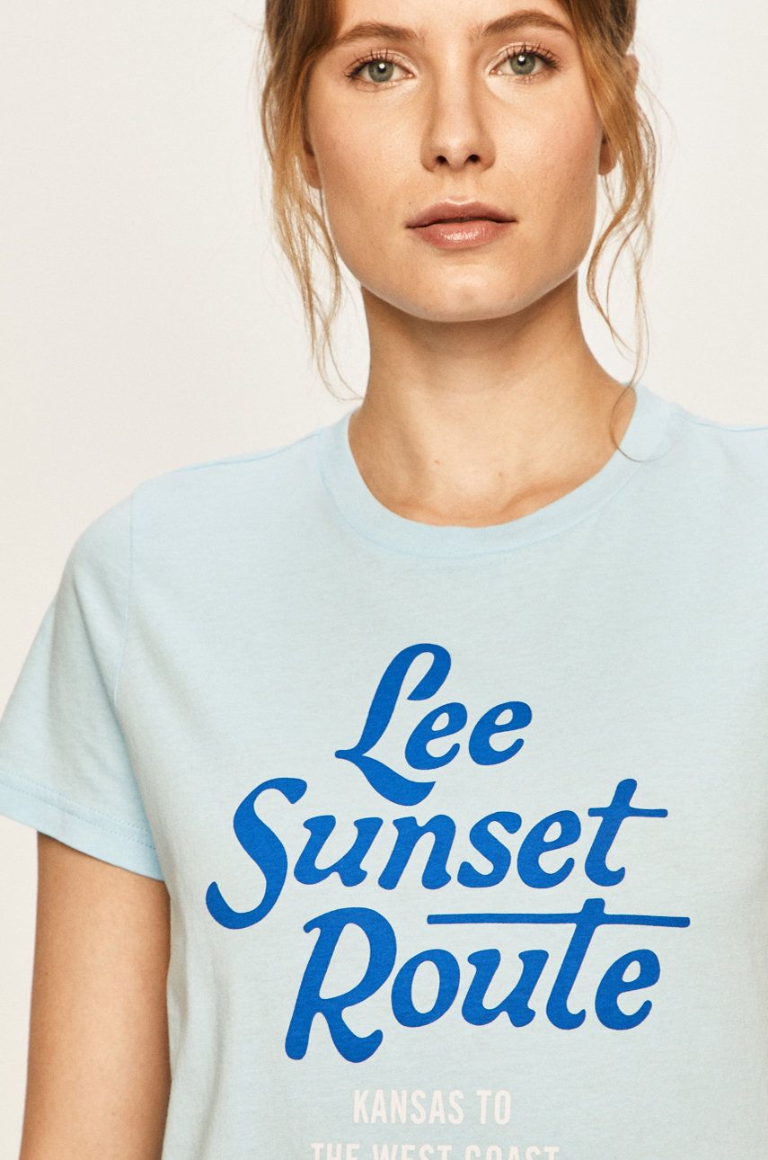 Tricou bleu Lee din tricot cu imprimeuri cu croi drept