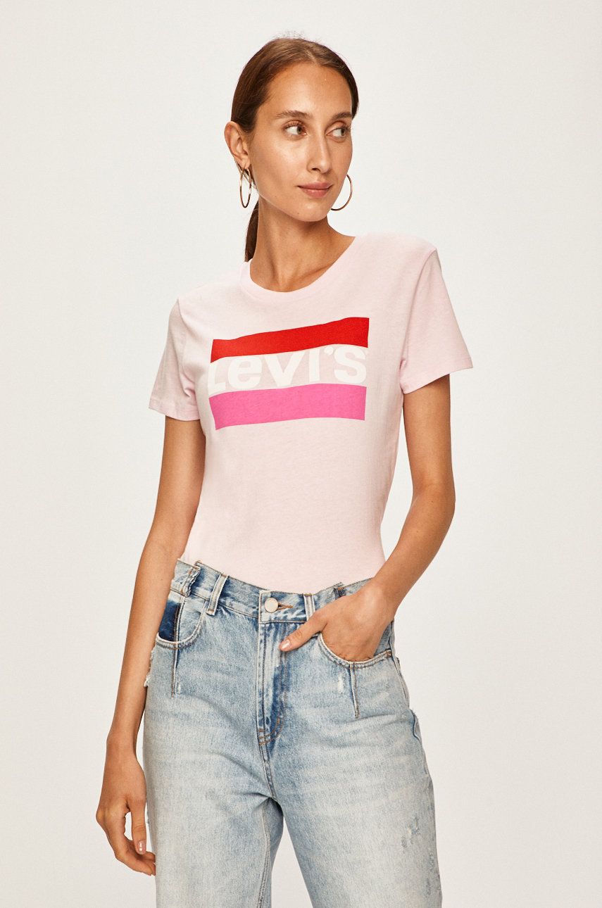 Tricou original roz Levi’s din tricot cu imprimeuri cu croi drept