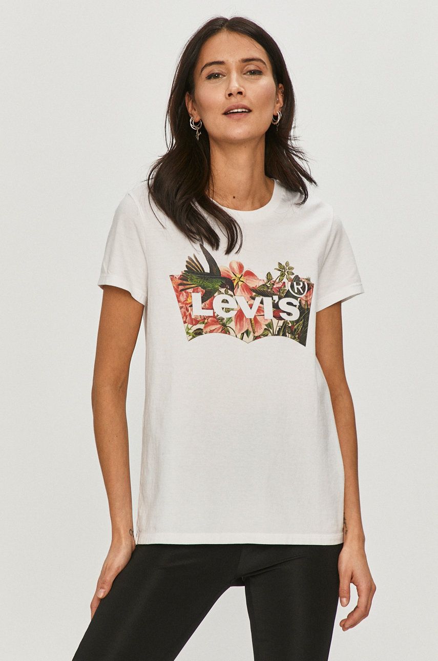 Tricou alb Levi’s dama din tricot cu imprimeuri cu croi drept