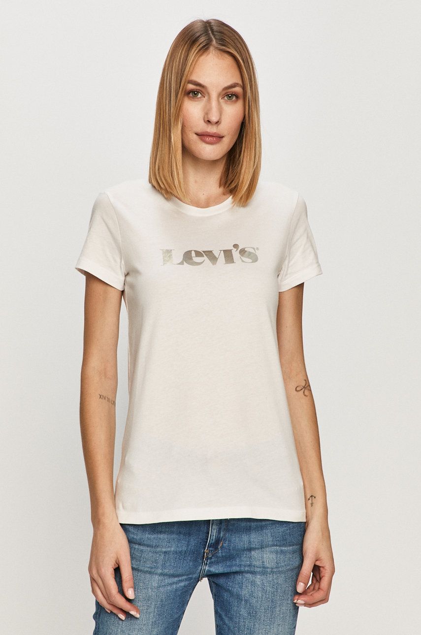 Tricou de firma Levi’s din tricot alb cu imprimeuri cu croi drept