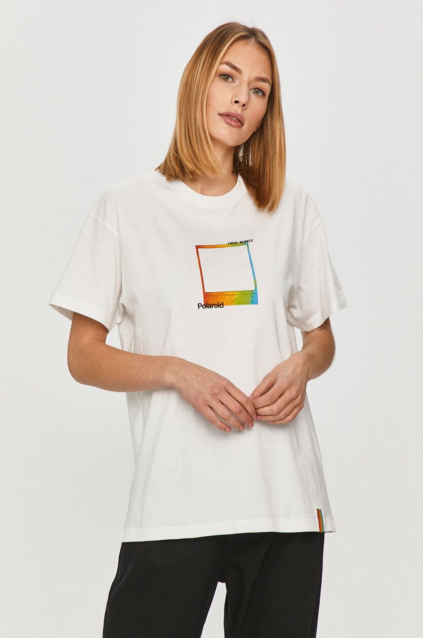 Tricou Local Heroes din tricot alb cu imprimeuri cu croi drept x Polaroid
