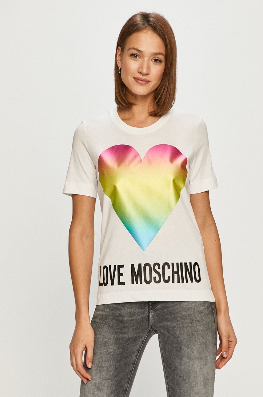 Tricou original alb Love Moschino din tricot cu imprimeuri cu croi drept