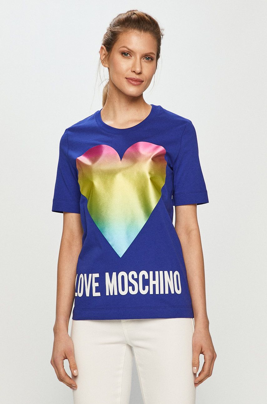 Tricou de firma albastru Love Moschino din tricot cu imprimeuri cu croi drept