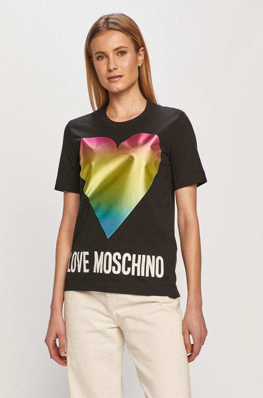 Tricou negru Love Moschino original din tricot cu imprimeuri cu croi drept