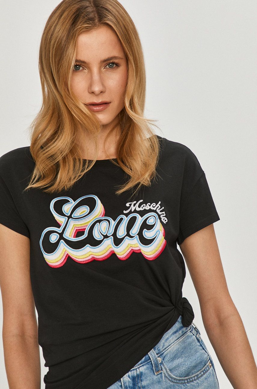Tricou Love Moschino negru de firma din tricot cu imprimeuri cu croi drept