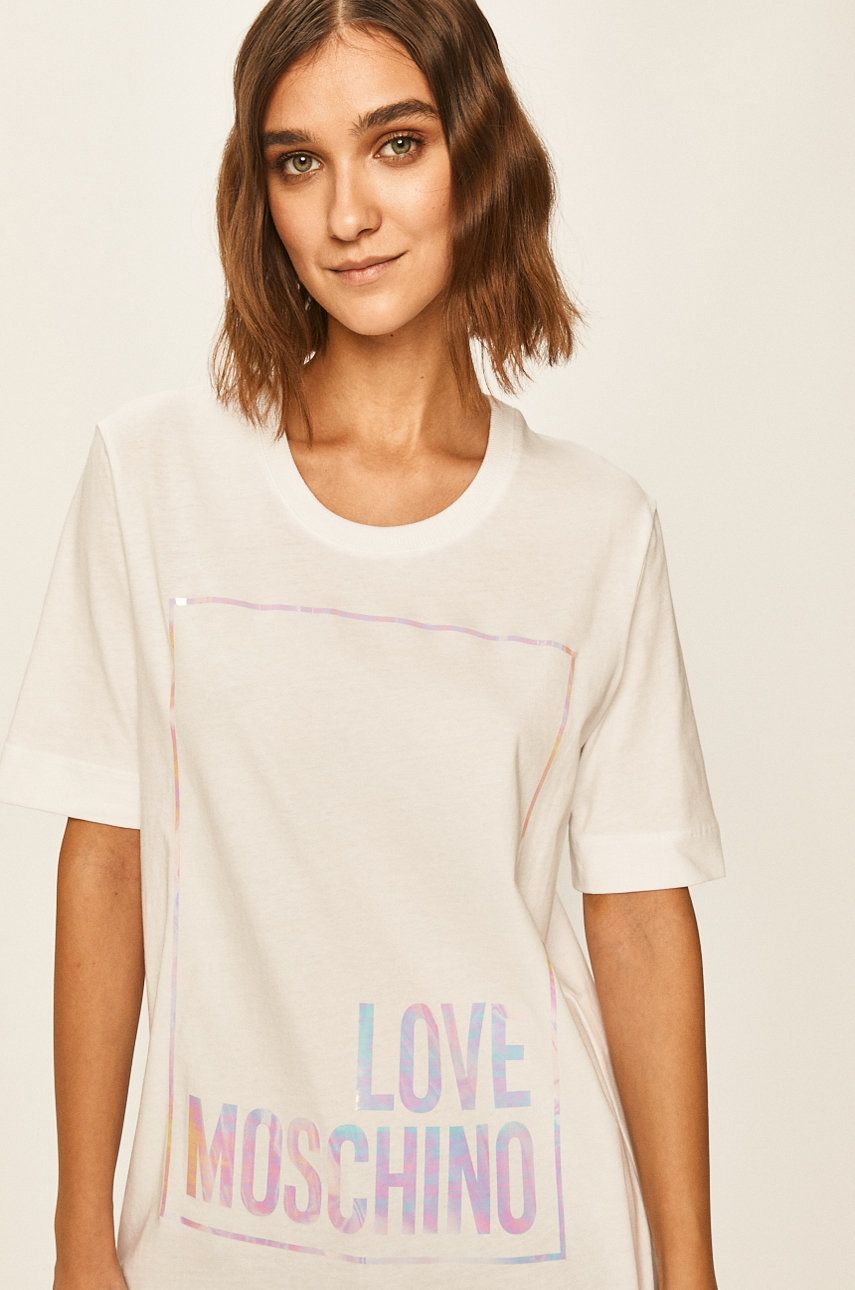 Tricou de firma alb de vara Love Moschino din tricot cu imprimeuri cu croi drept
