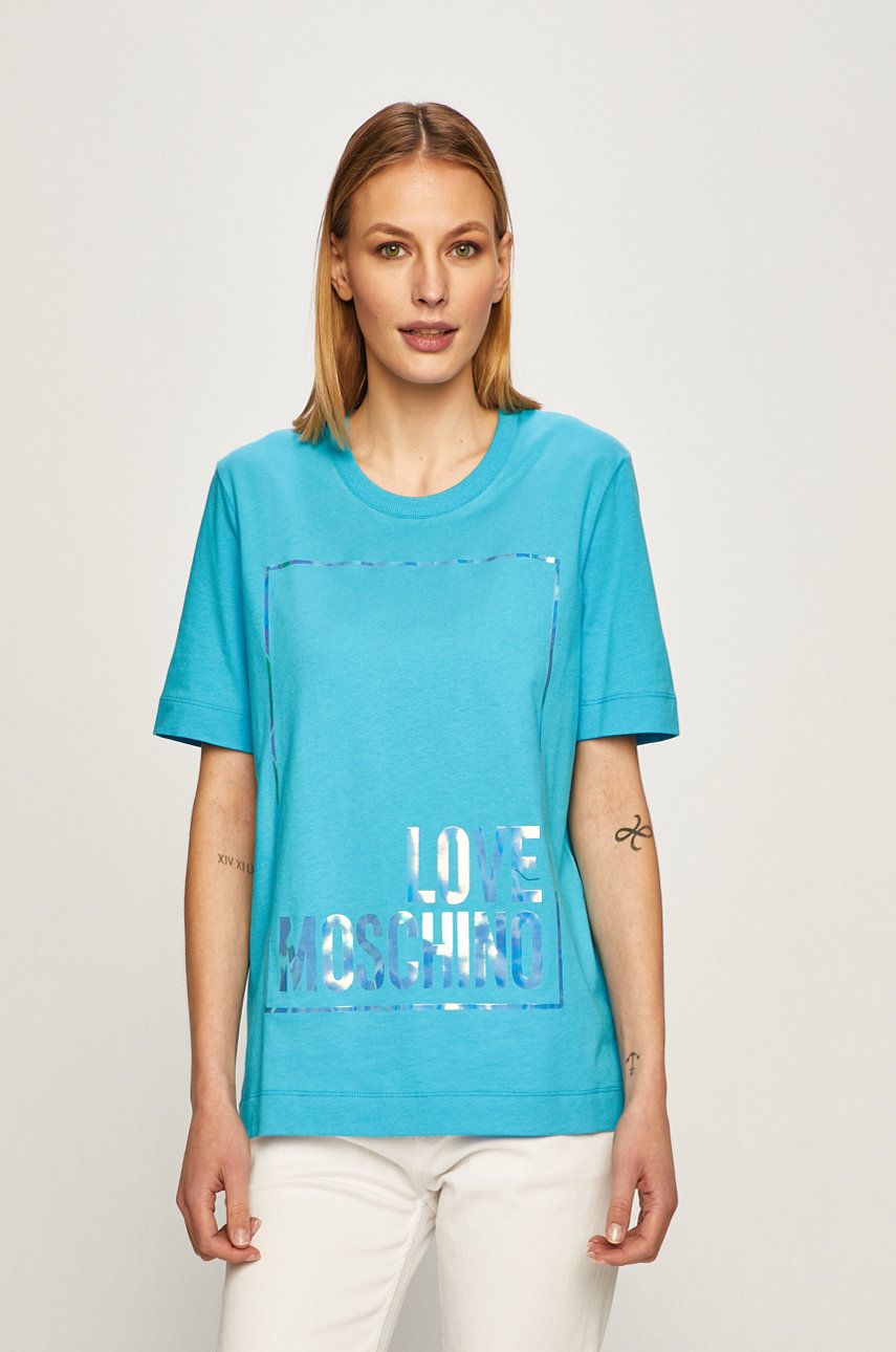 Tricou turcoaz Love Moschino original din tricot cu imprimeuri cu croi drept