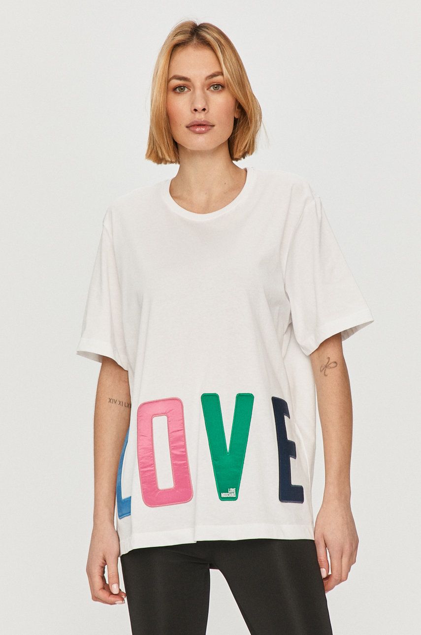 Tricou alb Love Moschino dama din tricot cu imprimeuri cu croi lejer cu umerii lasati