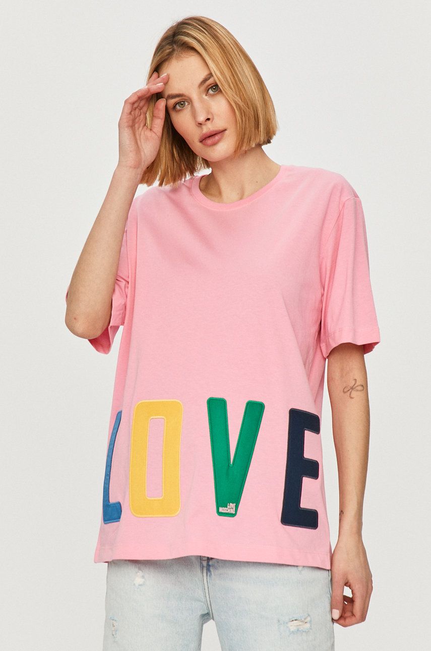 Tricou Love Moschino din tricot cu imprimeuri lejer  cu umerii lasati PPY8-TSD0J6_43X