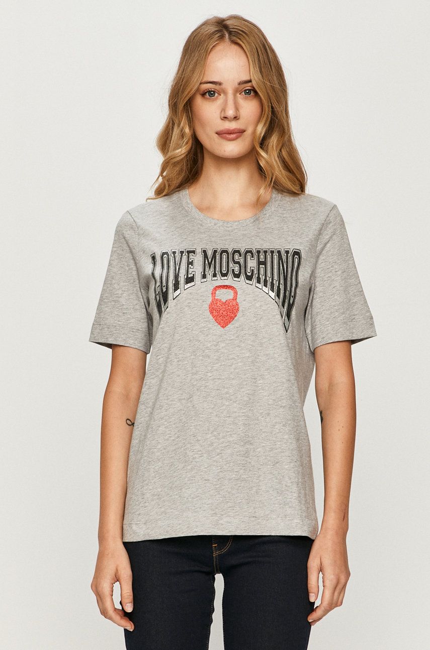 Tricou original gri deschis Love Moschino subtire din material elastic cu croi drept