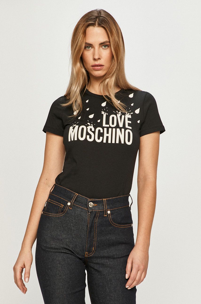 Tricou original negru Love Moschino subtire din material elastic cu croi drept