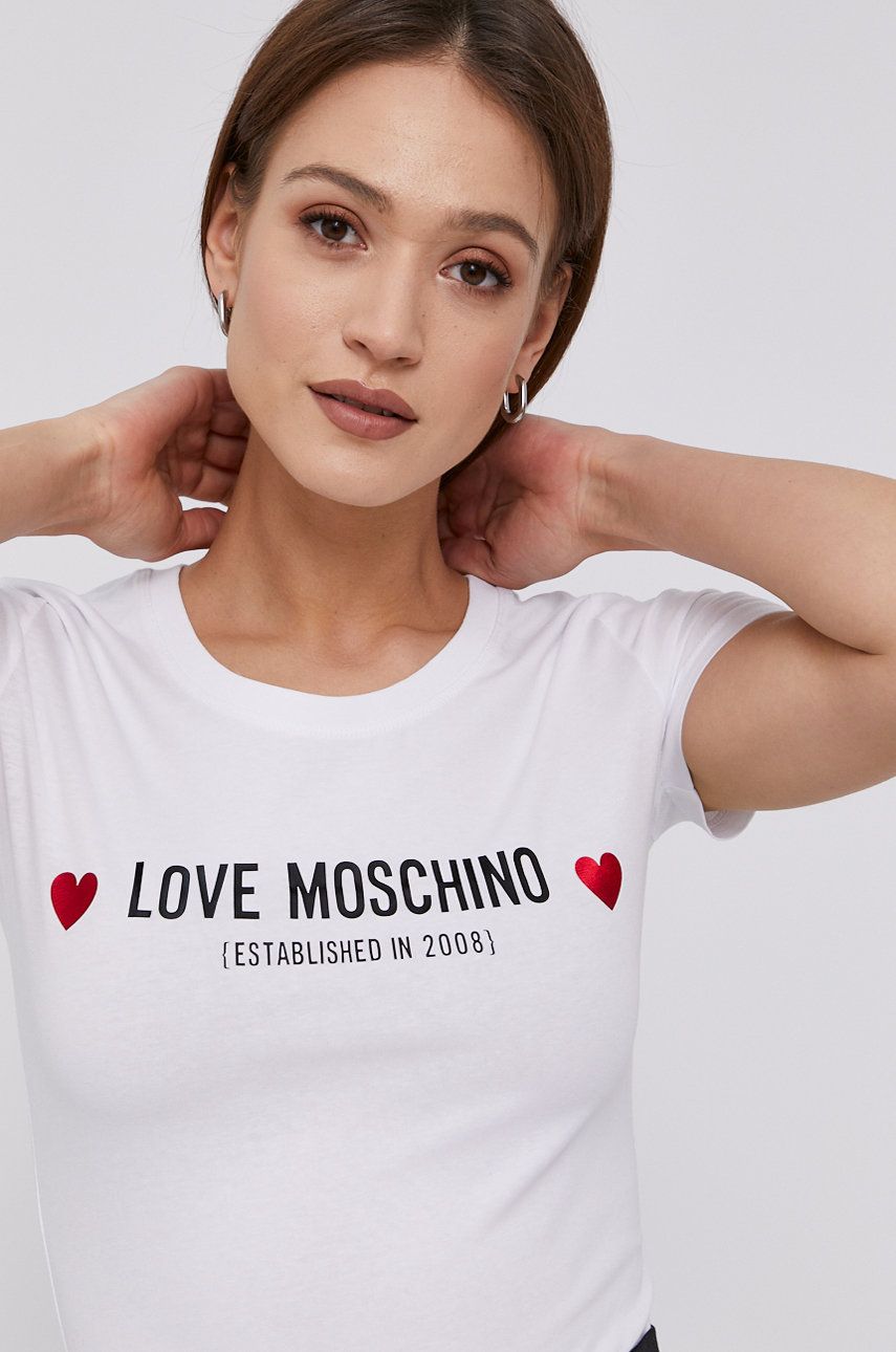 Tricou alb elegant Love Moschino original subtire din material elastic cu croi drept