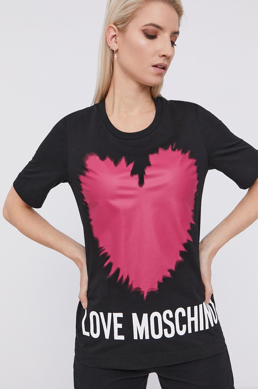 Tricou original negru elegant Love Moschino subtire si usor elastic cu croi drept