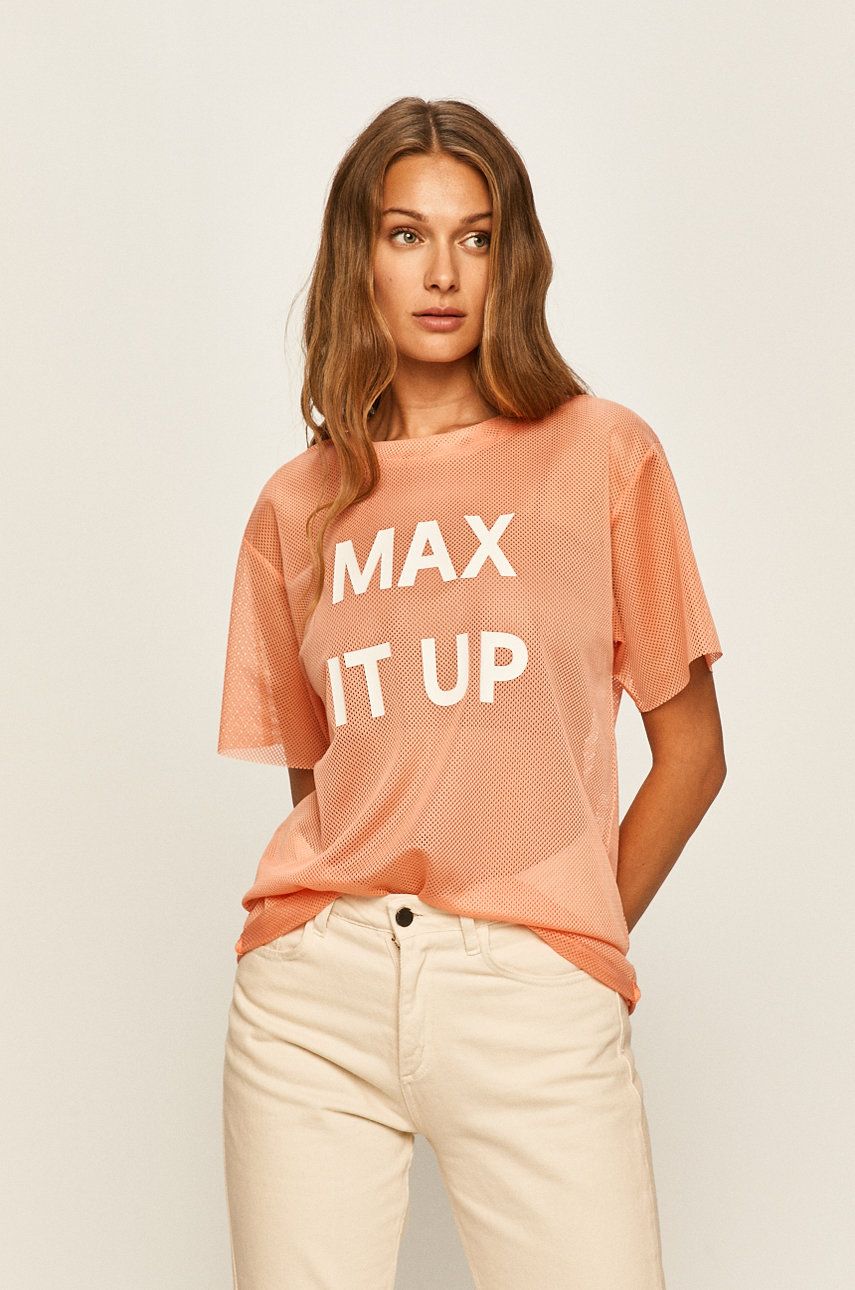 Tricou roz MAX&Co din tricot cu imprimeuri cu croi drept