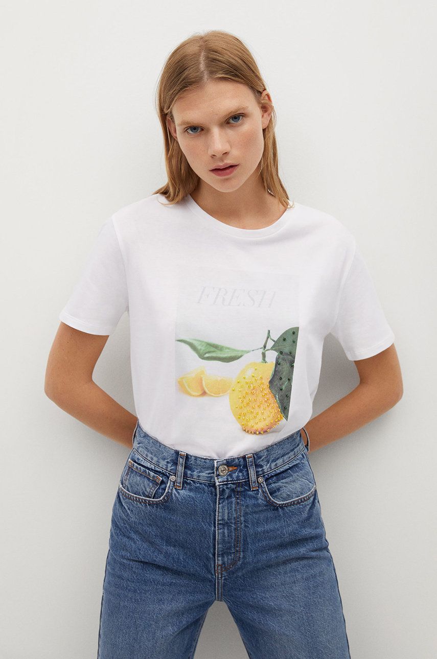 Tricou Mango alb din tricot cu imprimeuri cu croi drept PSEXOTIC