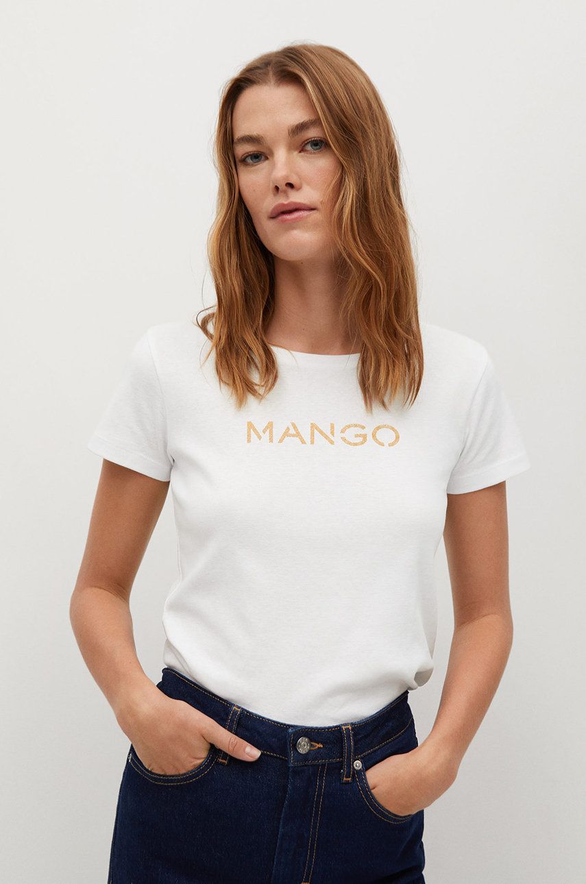 Tricou alb dama Mango din tricot cu imprimeuri cu croi drept