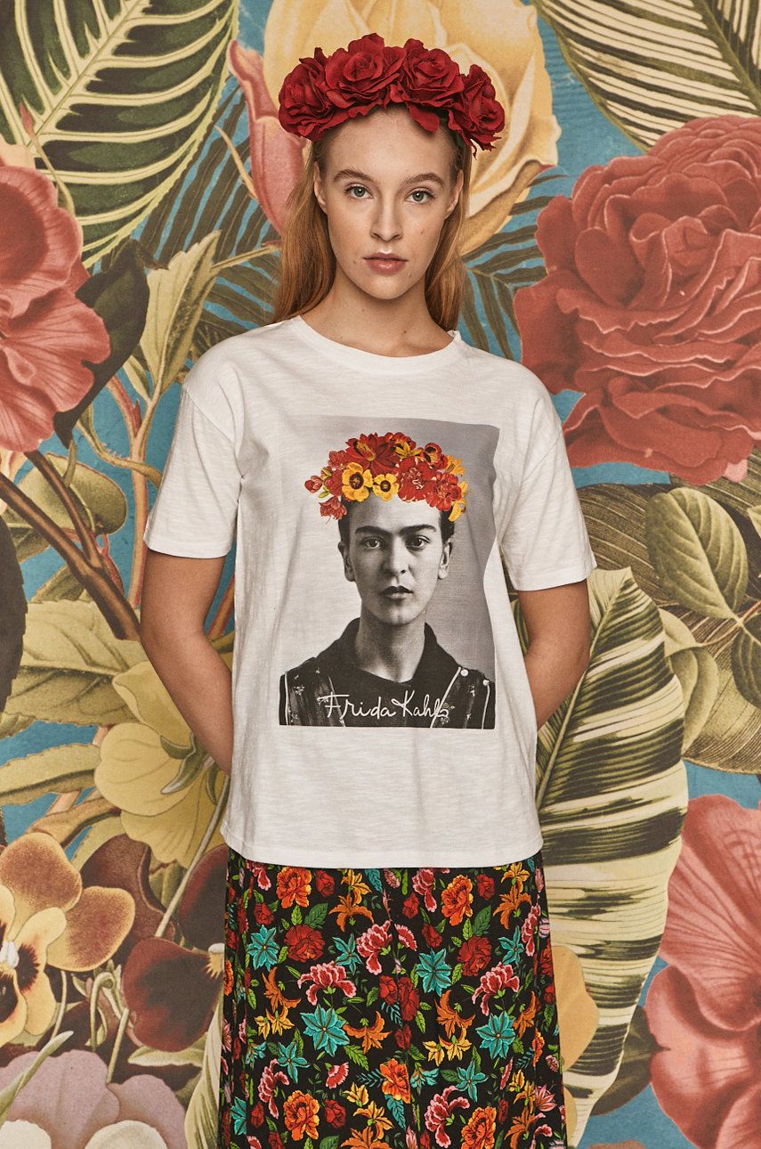 Tricou Medicine alb din tricot cu imprimeuri cu croi regular Frida Kahlo