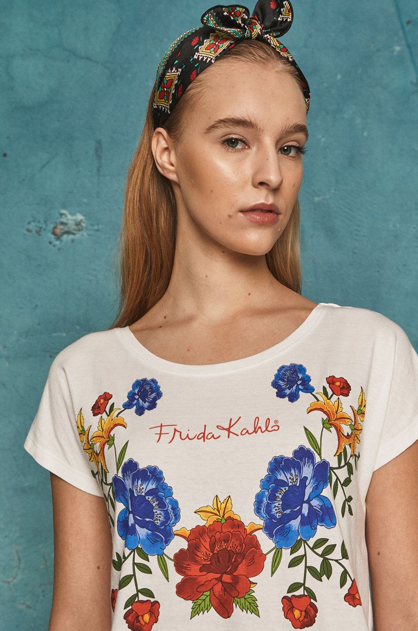 Tricou Medicine din tricot alb cu imprimeuri cu croi regular Frida Kahlo
