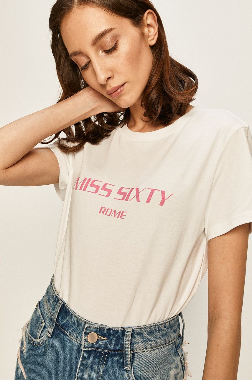 Tricou Miss Sixty alb din tricot cu imprimeuri cu croi drept