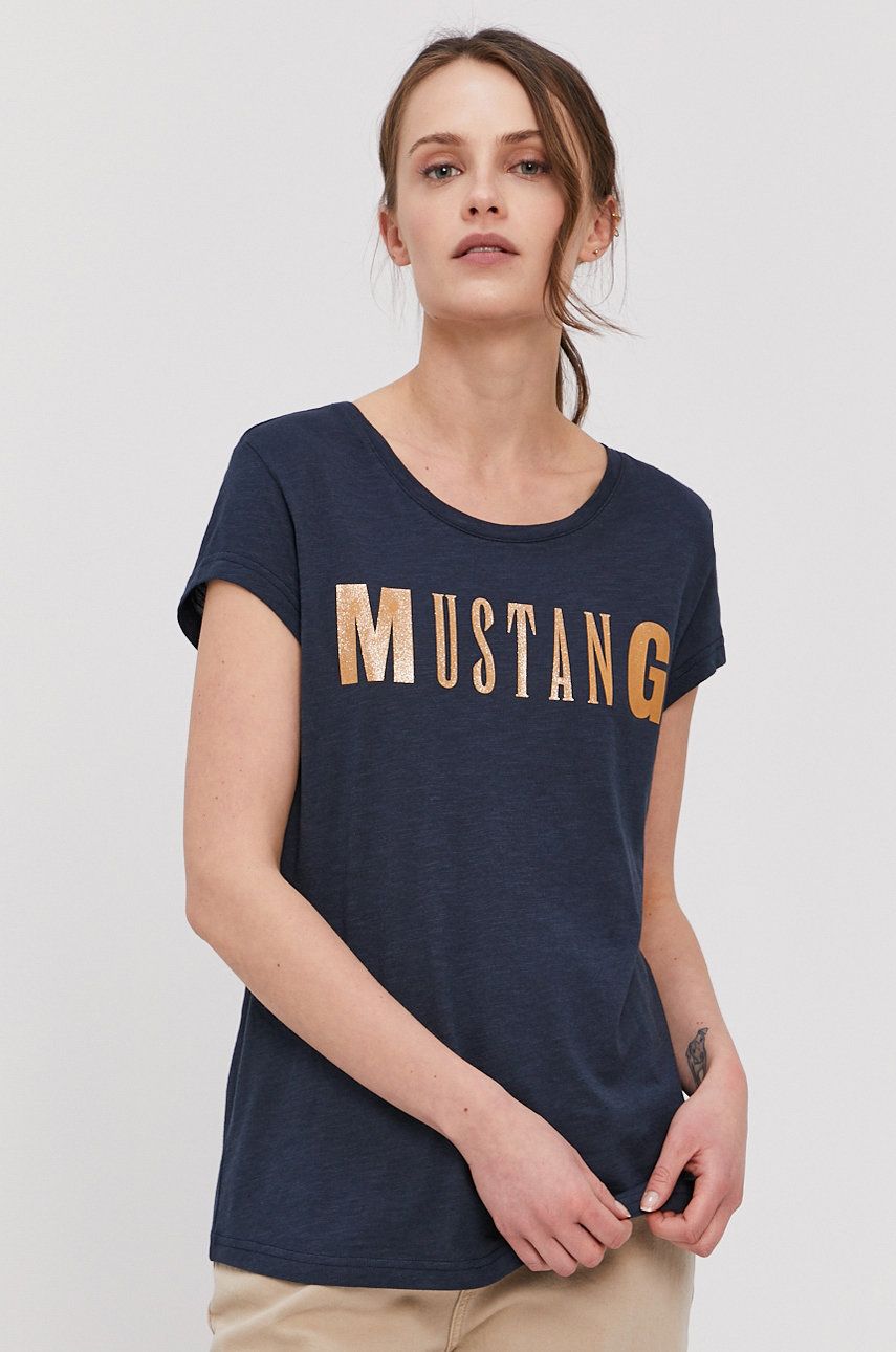 Tricou Mustang bleumarin din tricot cu imprimeuri cu croi drept