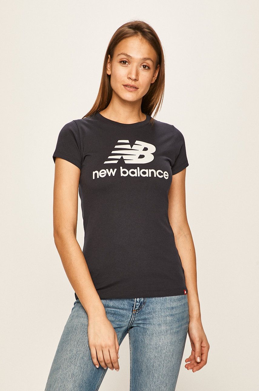 Tricou bleumarin New Balance din tricot cu imprimeuri cu croi mulat