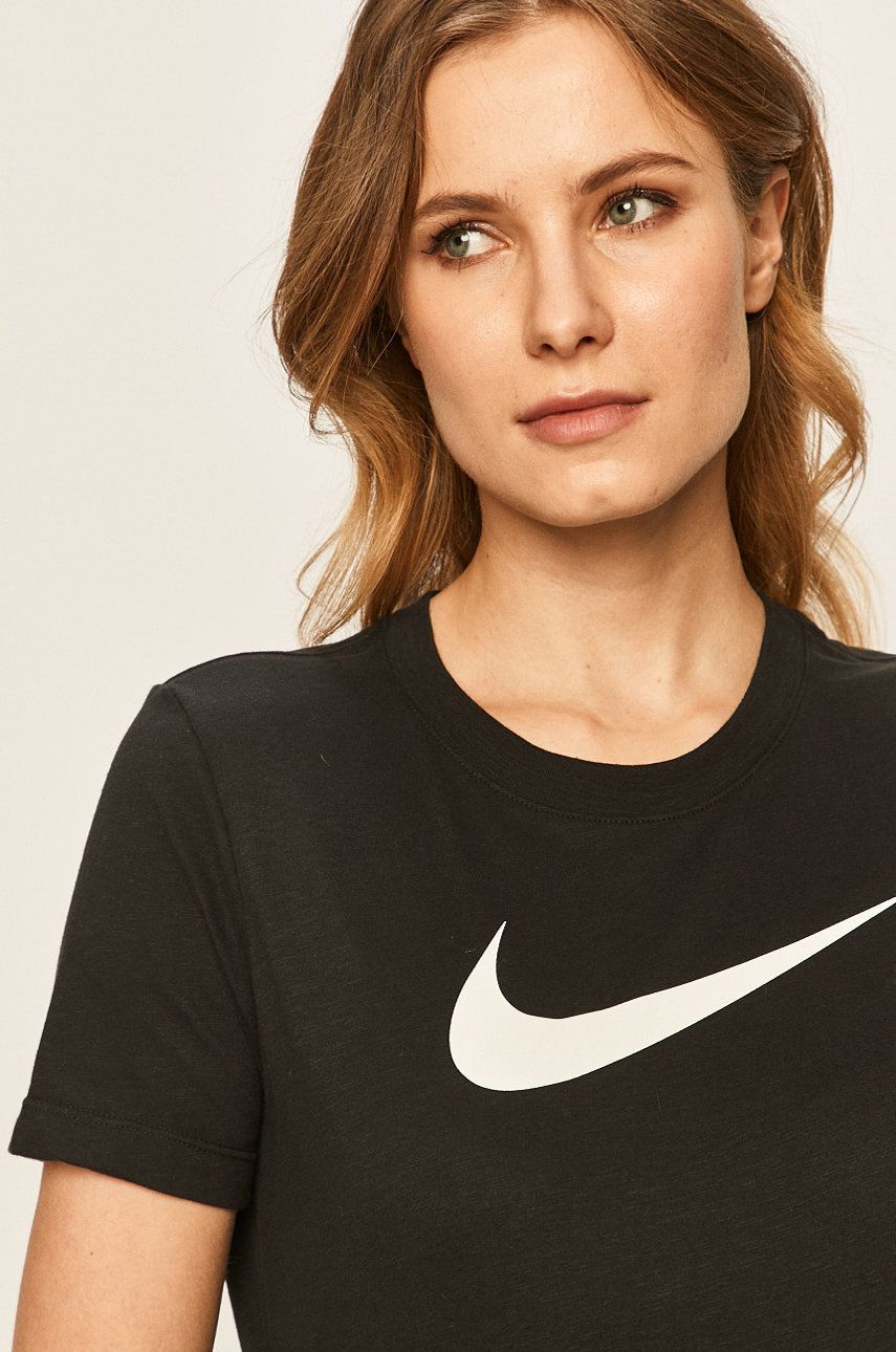 Tricou negru Nike de vara din tricot cu imprimeuri cu croi lejer