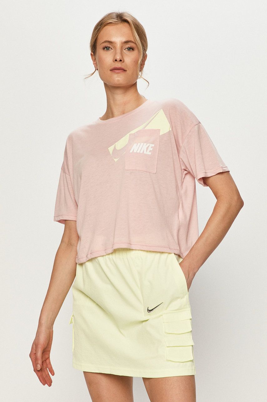 Tricou roz Nike din tricot cu imprimeuri cu croi lejer cu umerii lasati