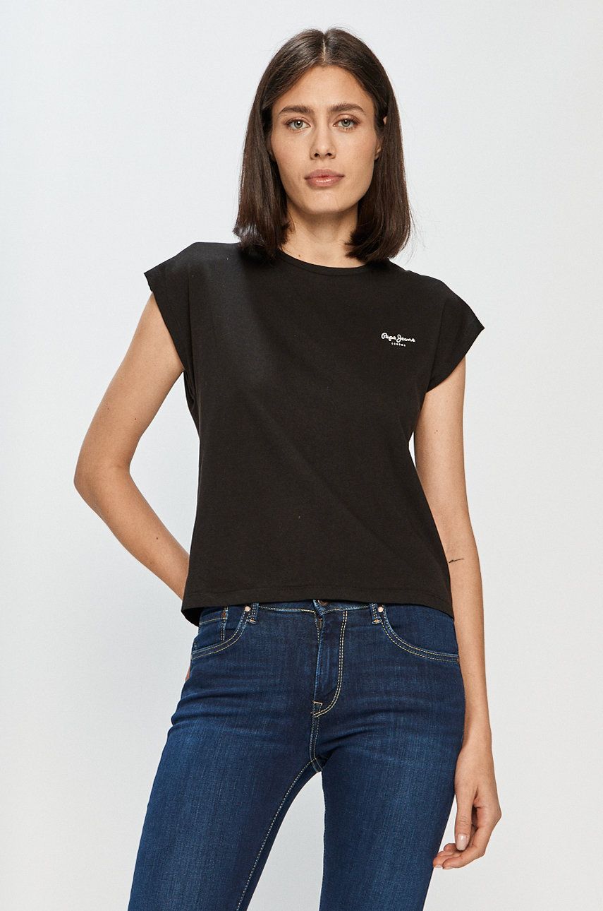 Tricou negru Pepe Jeans subtire din material elastic cu croi drept Bloom