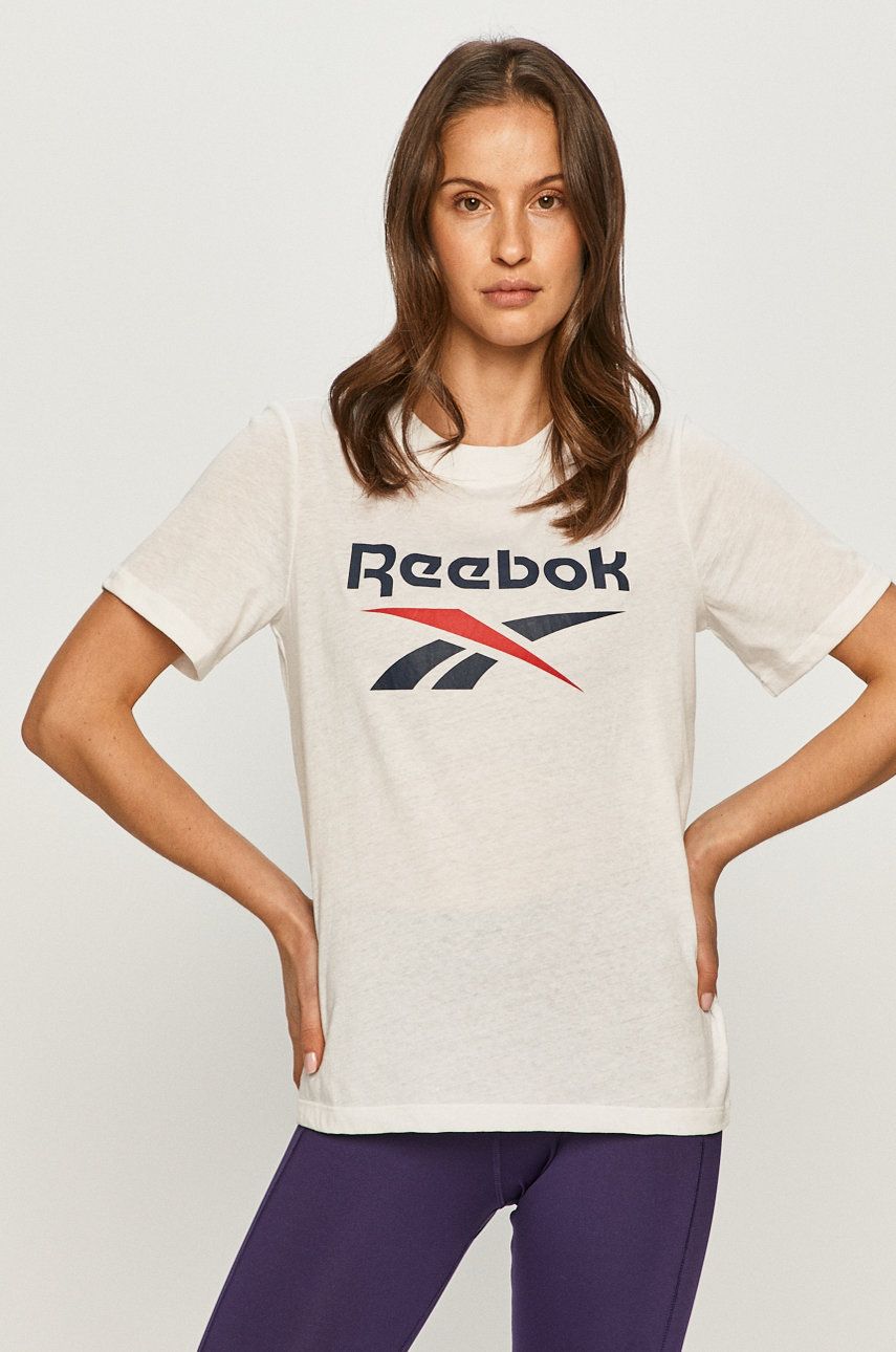 Tricou Reebok din tricot alb cu imprimeuri cu croi drept
