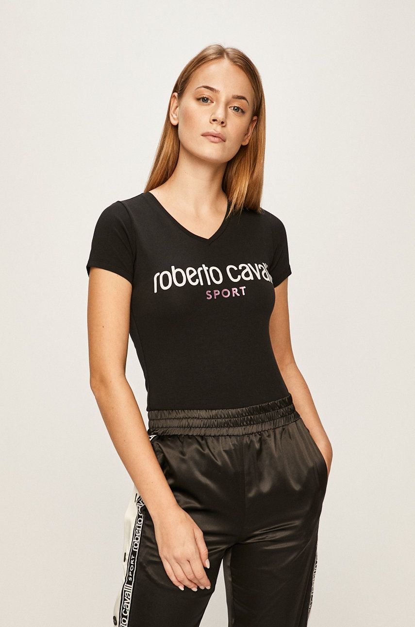 Tricou negru Roberto Cavalli Sport din tricot cu imprimeuri cu croi mulat