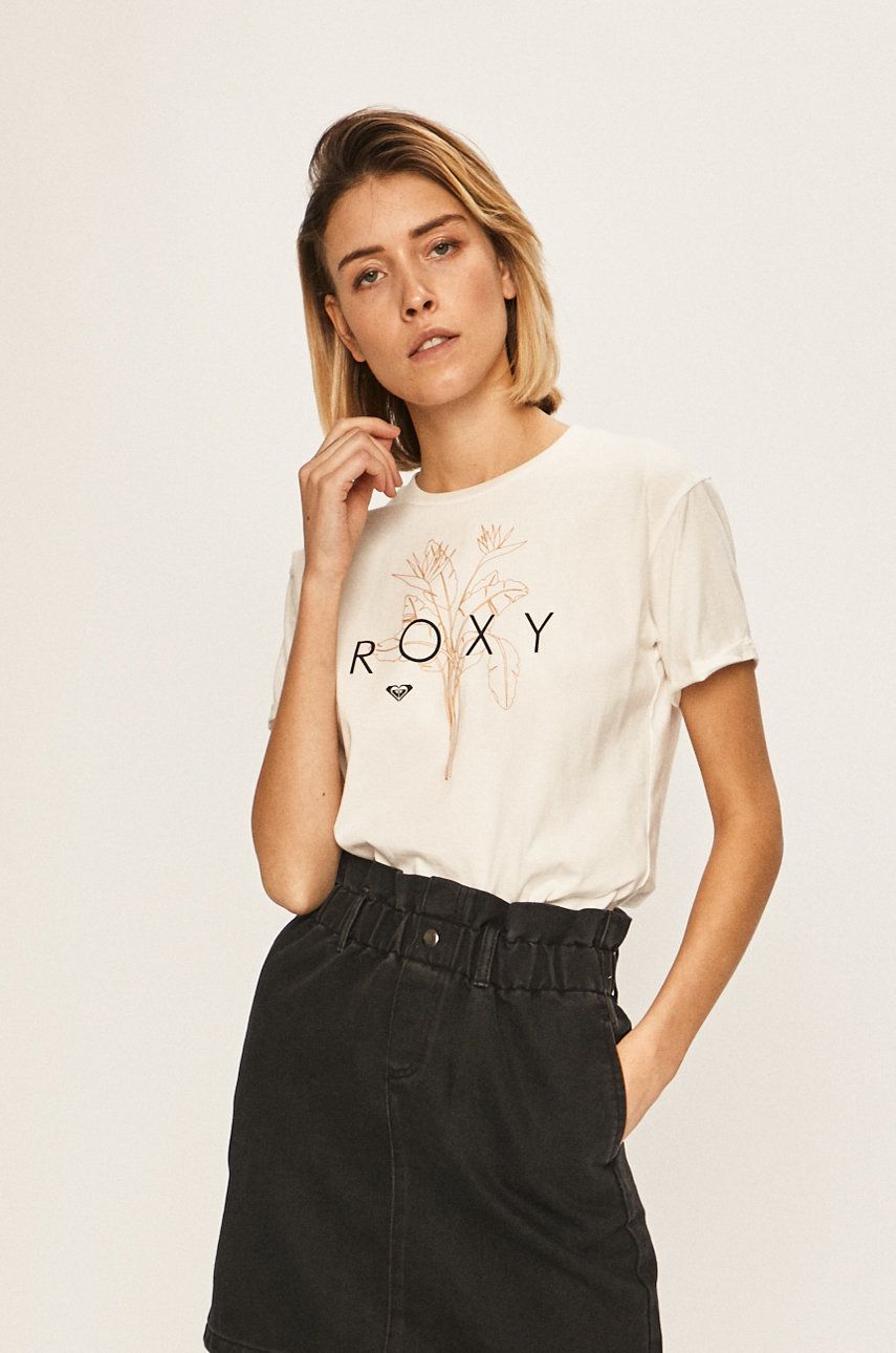 Tricou alb elegant Roxy din tricot cu imprimeuri cu croi drept