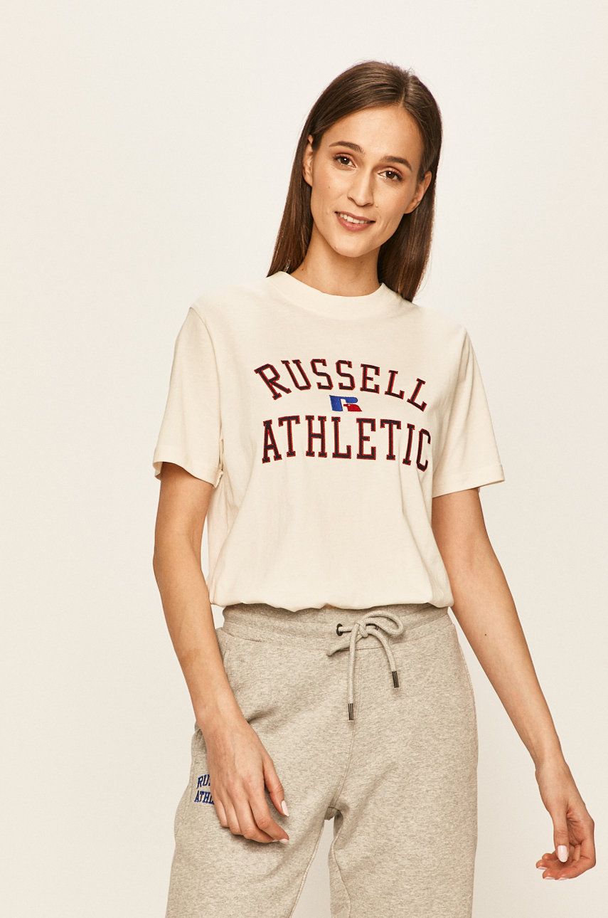 Tricou alb Russel Athletic din tricot cu imprimeuri cu croi drept
