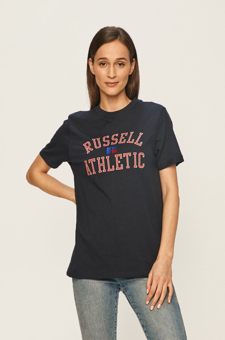 Tricou bleumarin Russel Athletic din tricot cu imprimeuri cu croi drept
