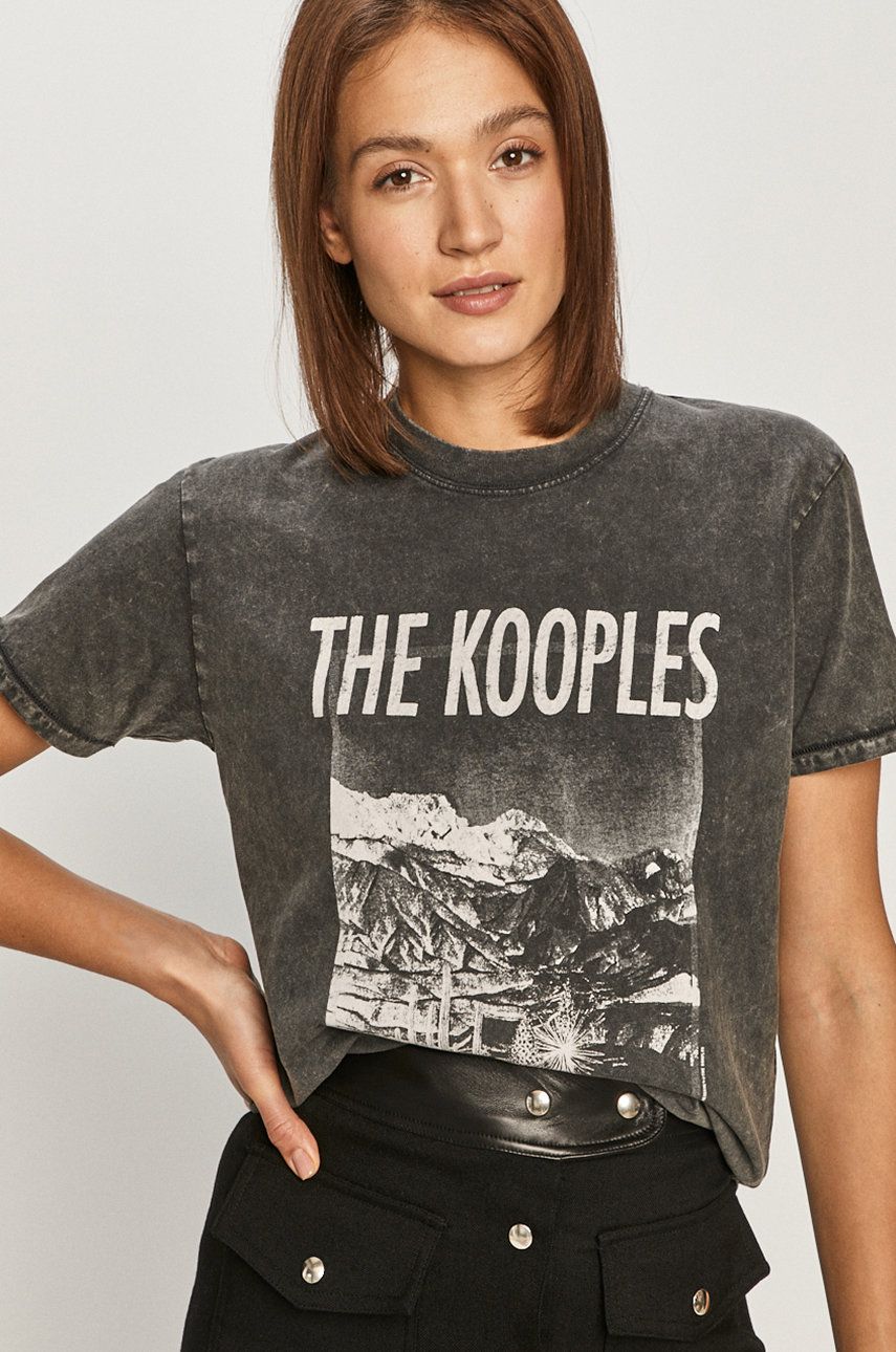 Tricou gri inchis The Kooples din tricot cu imprimeuri cu croi drept