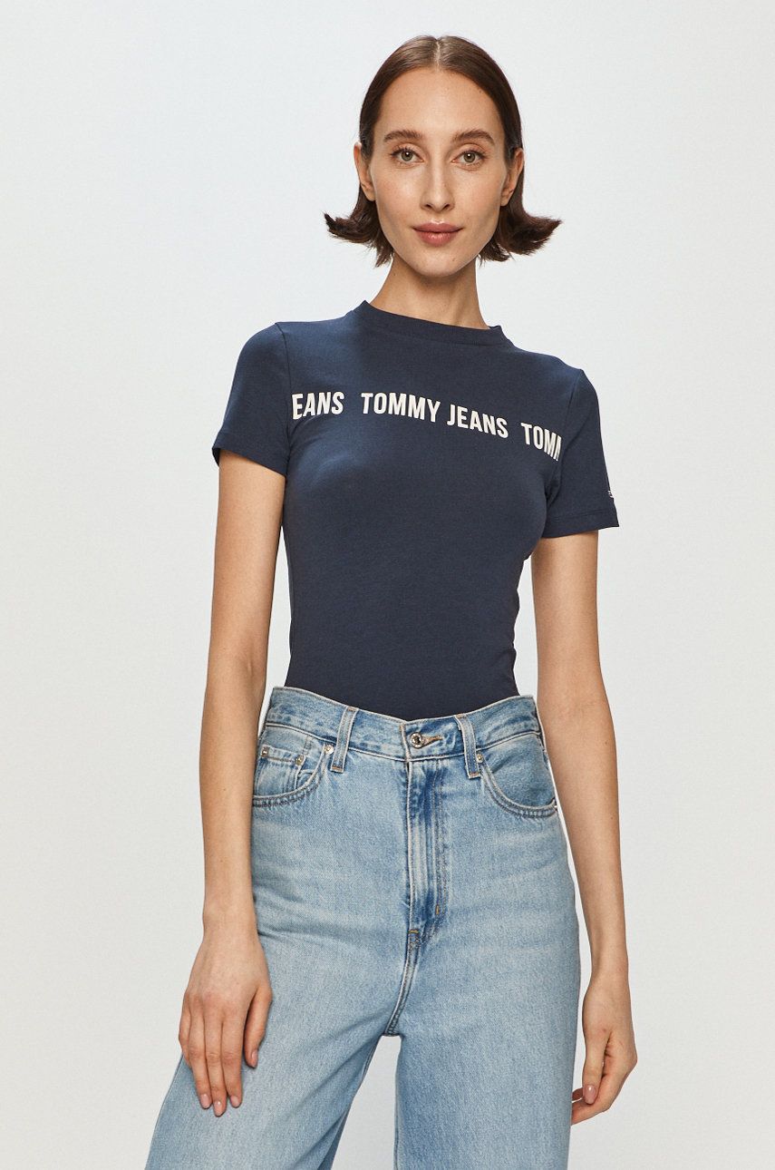 Tricou original Tommy Jeans bleumarin din tricot cu imprimeuri cu croi body