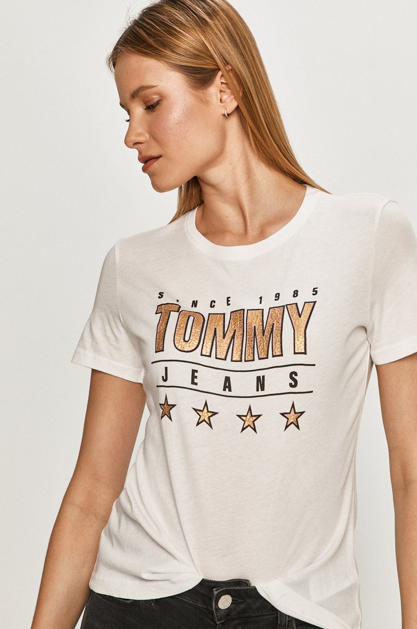 Tricou Tommy Jeans alb original din tricot cu imprimeuri cu croi drept