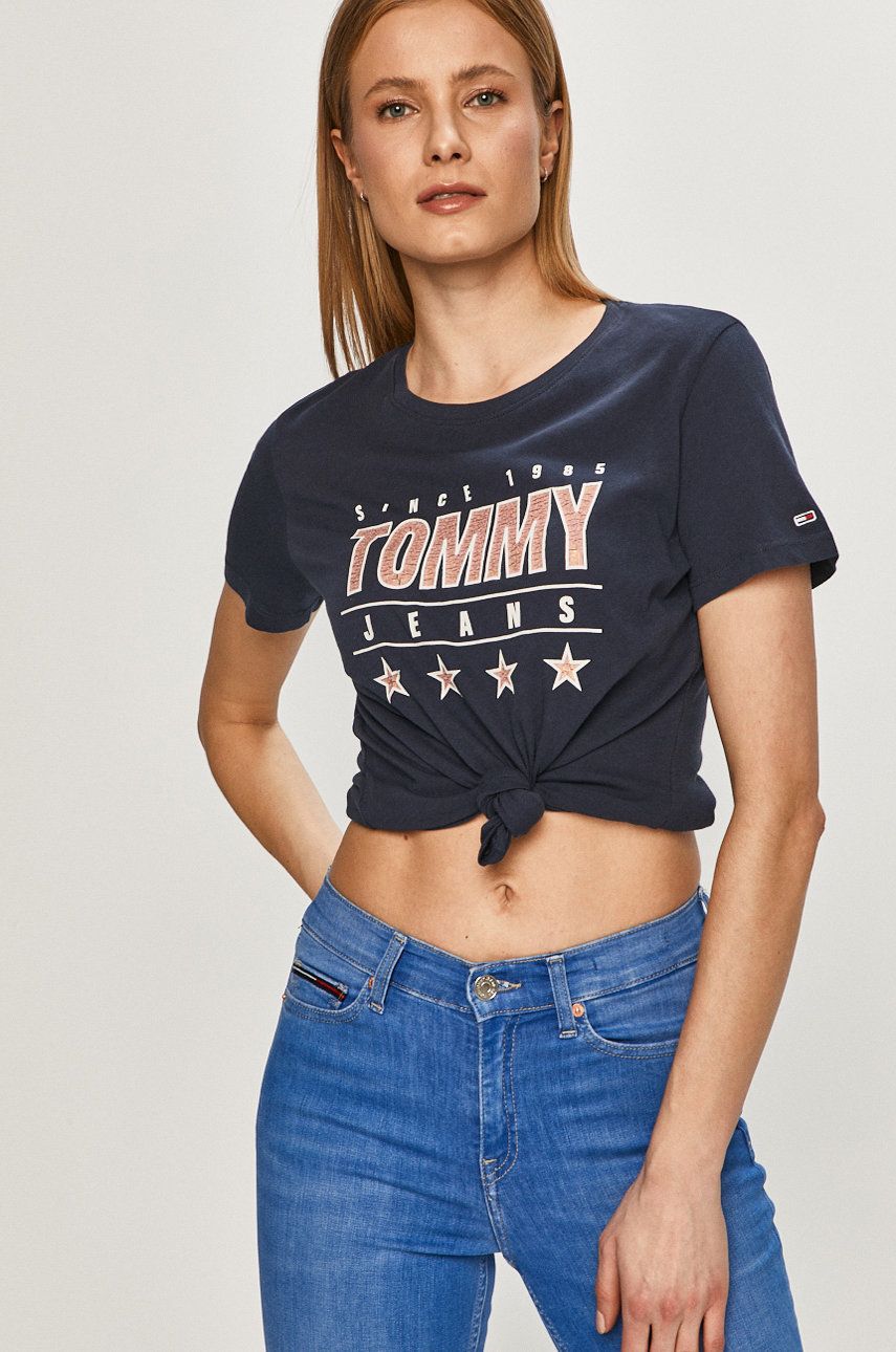 Tricou dama bleumarin Tommy Jeans din tricot cu imprimeuri cu croi drept