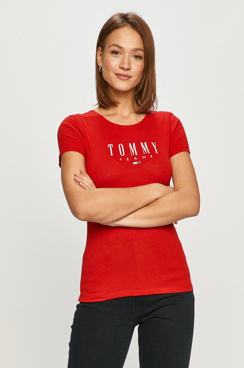 Tricou Tommy Jeans de firma rosu subtire din material elastic cu croi drept